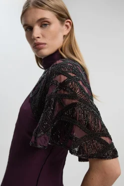 Robe Maxi Tissée à Détail Cape Ajourée Ornée de Cristaux