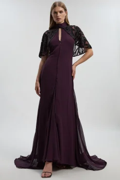 Robe Maxi Tissée à Détail Cape Ajourée Ornée de Cristaux