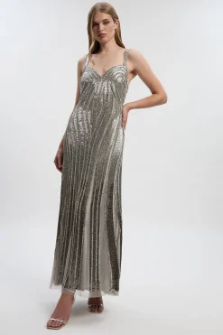 Robe Maxi Tissée à Encolure Cœur et Contours Perlés - Taille Petite