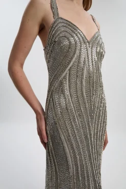 Robe Maxi Tissée à Encolure Cœur et Contours Perlés - Taille Petite