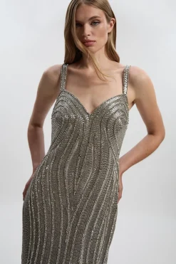 Robe Maxi Tissée à Encolure Cœur et Contours Perlés - Taille Petite
