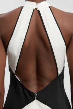Robe Maxi Tissée à Encolure Licou en Tencel Fluide à Blocs de Couleur