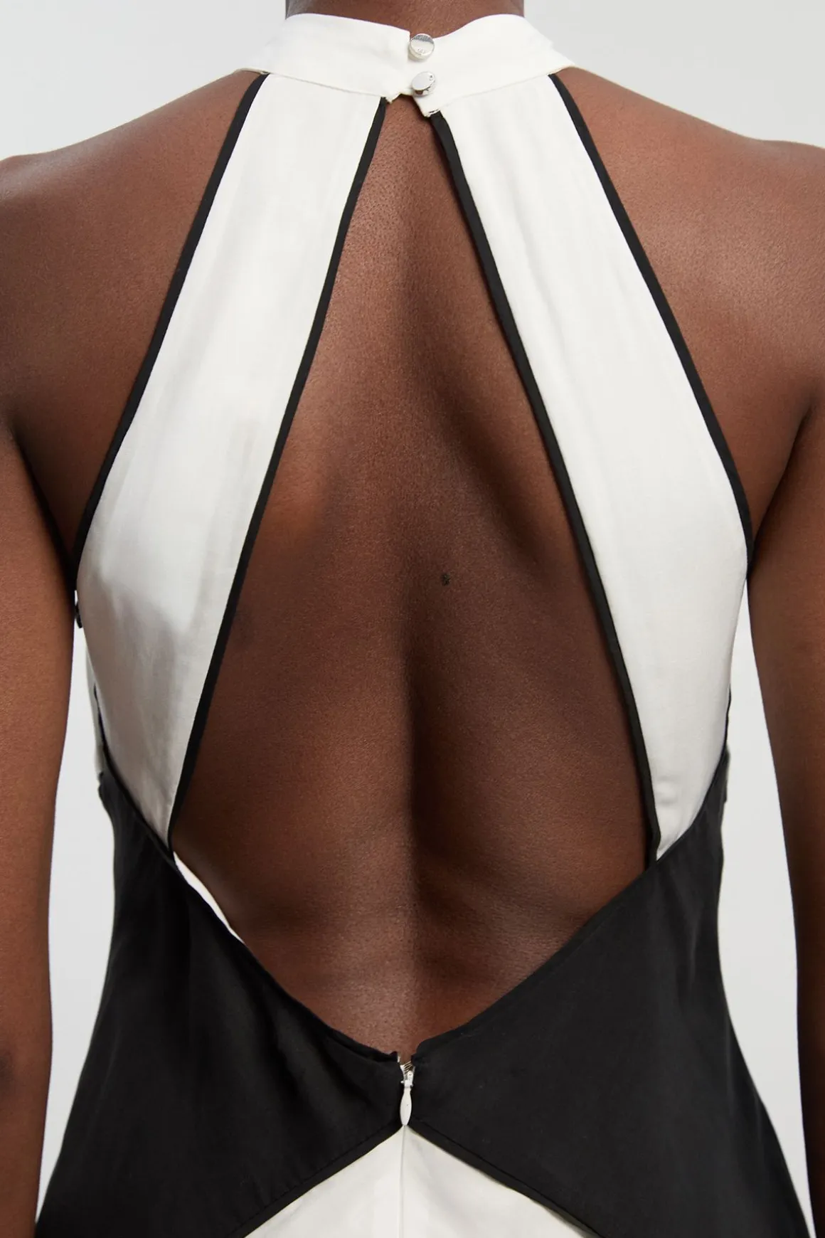 Robe Maxi Tissée à Encolure Licou en Tencel Fluide à Blocs de Couleur