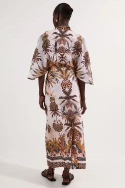 Robe maxi tissée en coton à imprimé abstrait et manches kimono