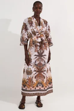 Robe maxi tissée en coton à imprimé abstrait et manches kimono