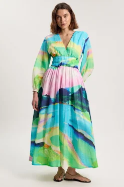 Robe Maxi Tissée En Coton Soie À Imprimé Paysage Et Manches Ballon