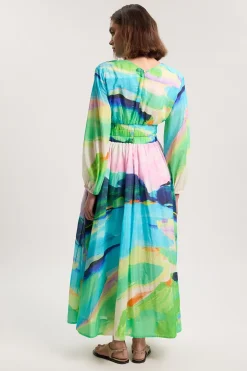Robe Maxi Tissée En Coton Soie À Imprimé Paysage Et Manches Ballon