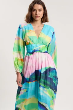 Robe Maxi Tissée En Coton Soie À Imprimé Paysage Et Manches Ballon