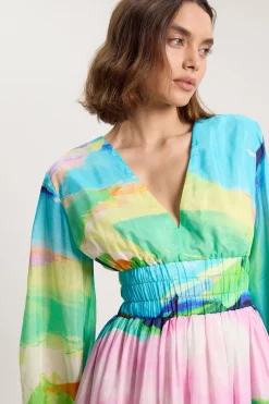 Robe Maxi Tissée En Coton Soie À Imprimé Paysage Et Manches Ballon