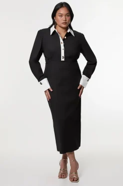 KarenMillen Robe Maxi Tissée en Coton Techno Grande Taille Avec Patte de Boutonnage Contrastante<Femme Toutes Les Robes|Robes Longues