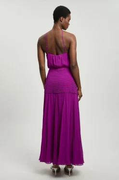 KarenMillen Robe Maxi Tissée En Georgette De Viscose Petite Avec Col Licou Et Ourlet Tombant<Femme Robes|Robe Invitée Mariage