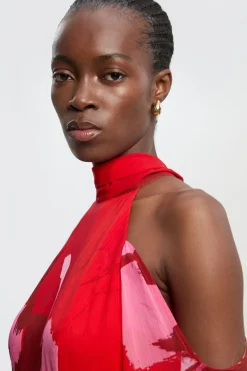 KarenMillen Robe Maxi Tissée En Georgette Froissée À Imprimé Floral Photographique Col Haut Épaules Dénudées<Femme Robes Bal De Promo|Robes À Manches Longues