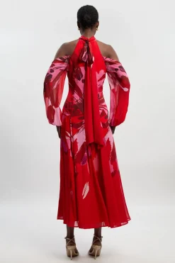 KarenMillen Robe Maxi Tissée En Georgette Froissée À Imprimé Floral Photographique Col Haut Épaules Dénudées<Femme Robes Bal De Promo|Robes À Manches Longues