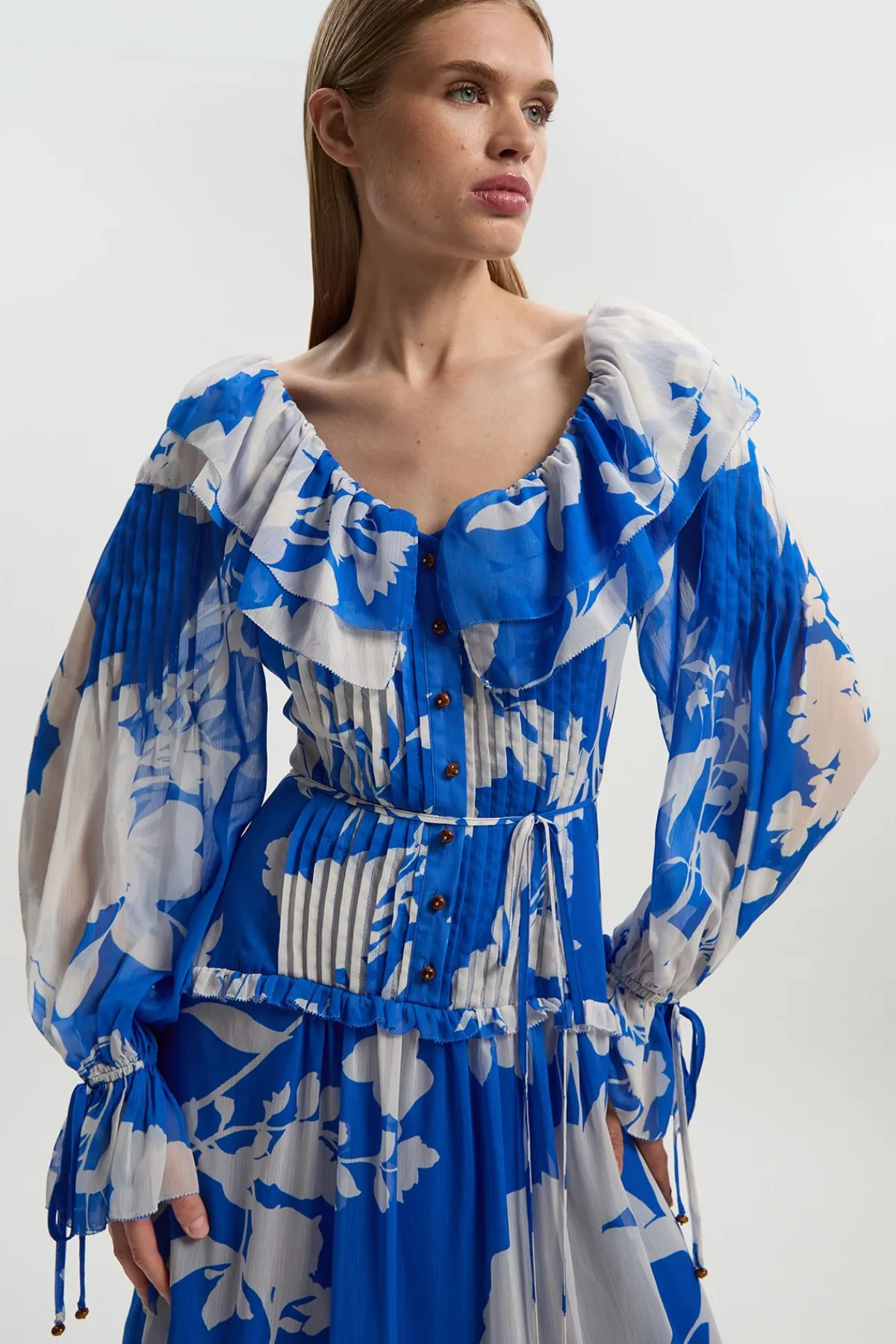 KarenMillen Robe Maxi Tissée en Georgette Imprimée à Volants<Femme Robes À Manches Longues|Robes