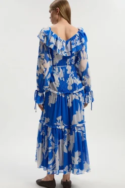 KarenMillen Robe Maxi Tissée en Georgette Imprimée à Volants<Femme Robes À Manches Longues|Robes