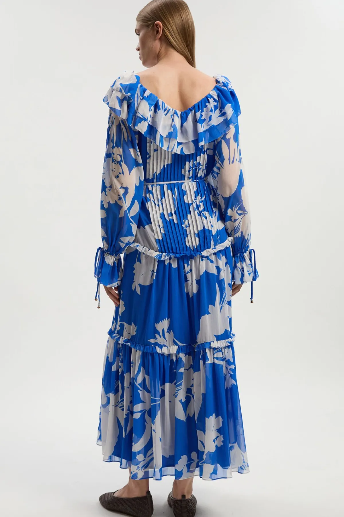 KarenMillen Robe Maxi Tissée en Georgette Imprimée à Volants<Femme Robes À Manches Longues|Robes