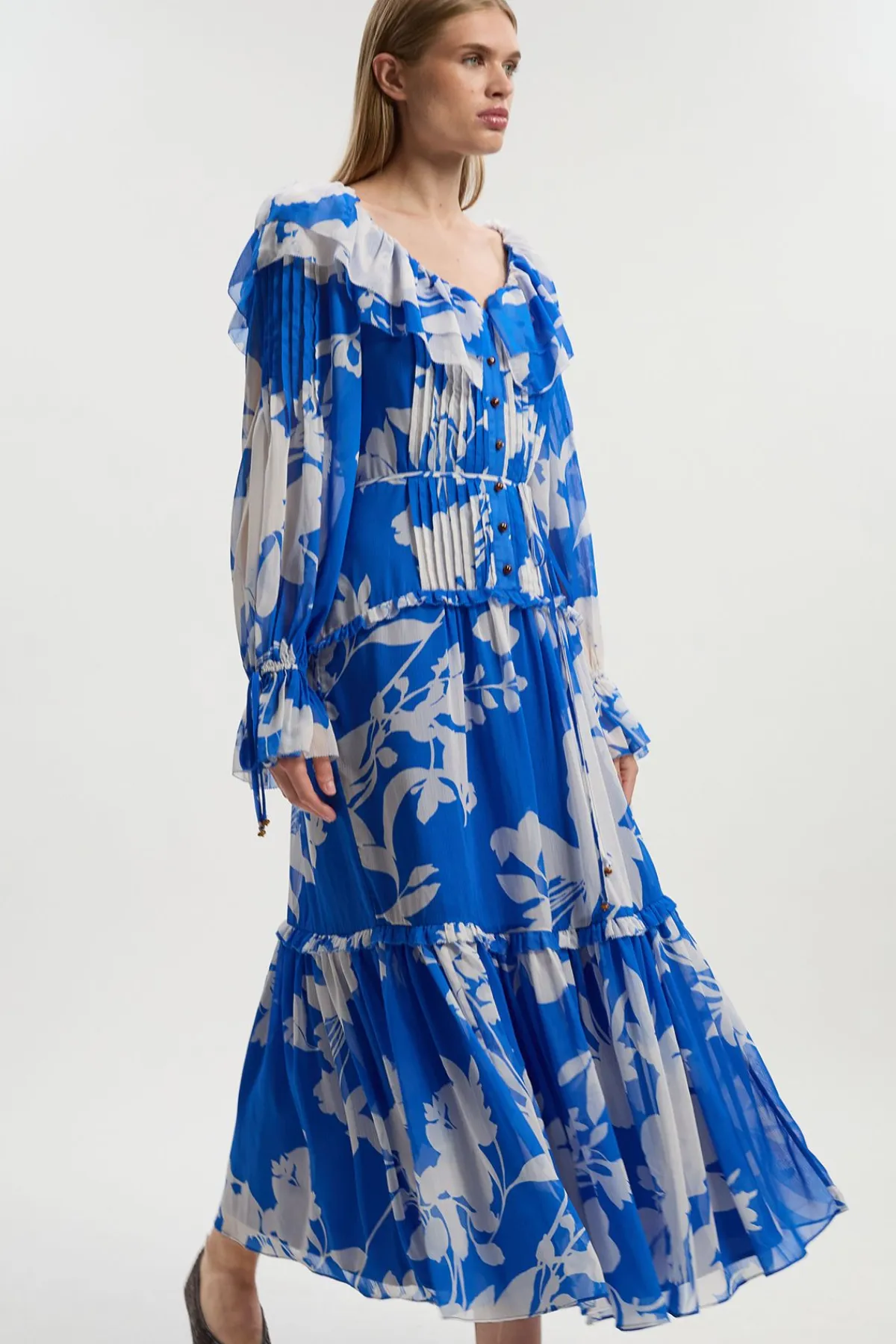 KarenMillen Robe Maxi Tissée en Georgette Imprimée à Volants<Femme Robes À Manches Longues|Robes
