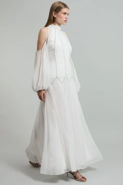 Robe maxi tissée en géorgette à col haut, embellie et plissée
