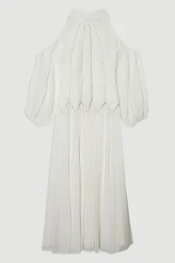 Robe maxi tissée en géorgette à col haut, embellie et plissée