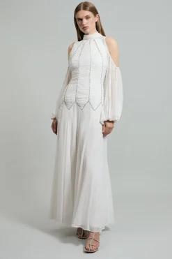 Robe maxi tissée en géorgette à col haut, embellie et plissée