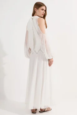 Robe maxi tissée en géorgette à col haut, embellie et plissée
