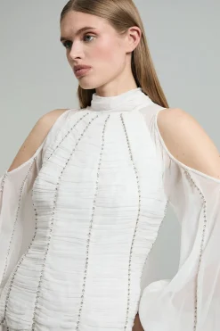 Robe maxi tissée en géorgette à col haut, embellie et plissée