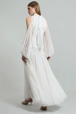 Robe maxi tissée en géorgette à col haut, embellie et plissée