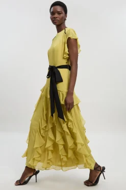 KarenMillen Robe maxi tissée en mousseline avec détails à volants et ceinture<Femme Toutes Les Robes|Robes Longues