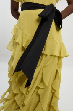 KarenMillen Robe maxi tissée en mousseline avec détails à volants et ceinture<Femme Toutes Les Robes|Robes Longues