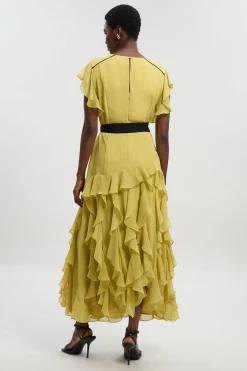 KarenMillen Robe maxi tissée en mousseline avec détails à volants et ceinture<Femme Toutes Les Robes|Robes Longues