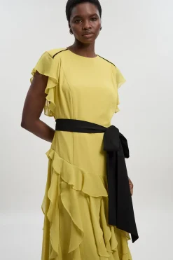 KarenMillen Robe maxi tissée en mousseline avec détails à volants et ceinture<Femme Toutes Les Robes|Robes Longues