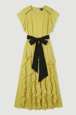 KarenMillen Robe maxi tissée en mousseline avec détails à volants et ceinture<Femme Toutes Les Robes|Robes Longues