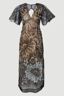 KarenMillen Robe Maxi Tissée en Organdi à Col V Profond avec Broderie Main et Sequins<Femme Toutes Les Robes|Robes D’Automne