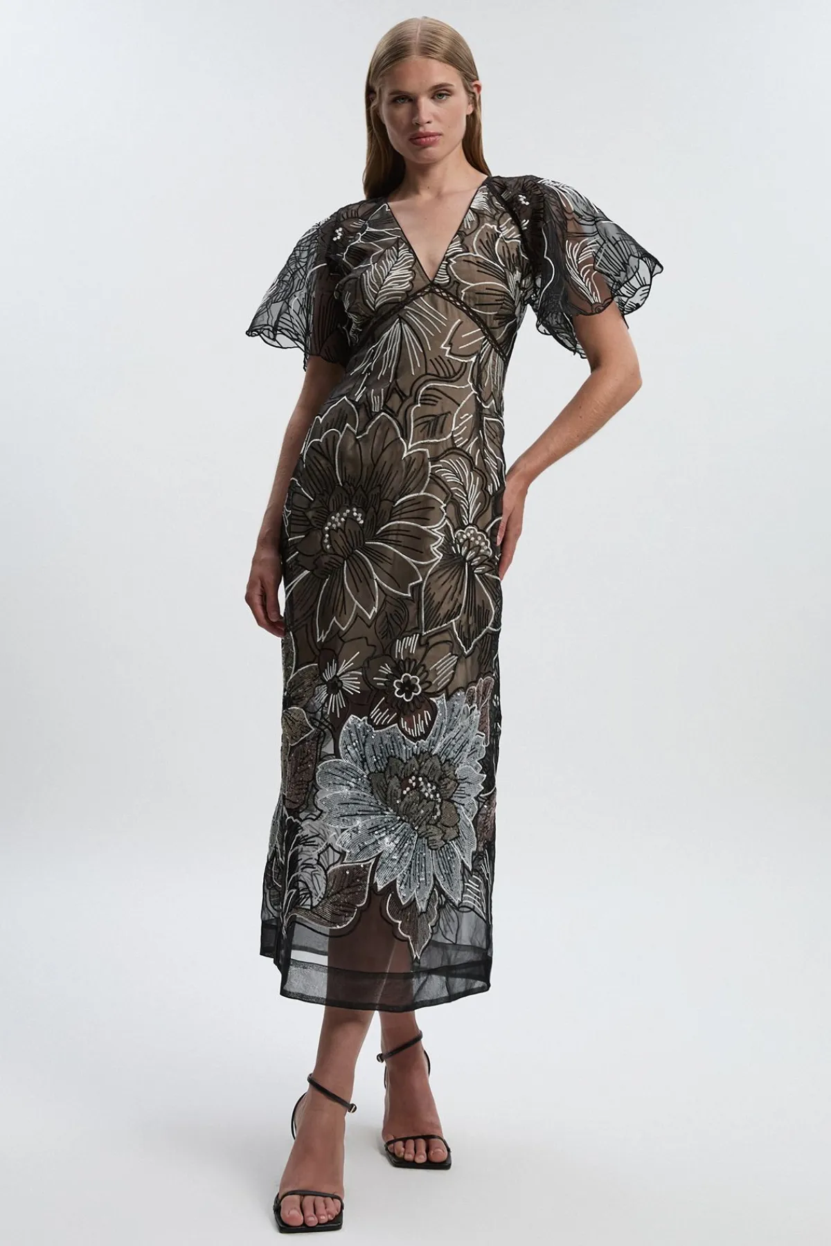 KarenMillen Robe Maxi Tissée en Organdi à Col V Profond avec Broderie Main et Sequins<Femme Toutes Les Robes|Robes D’Automne