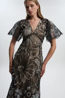 KarenMillen Robe Maxi Tissée en Organdi à Col V Profond avec Broderie Main et Sequins<Femme Toutes Les Robes|Robes D’Automne