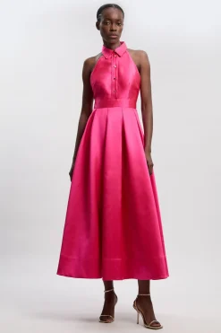 Robe Maxi Tissée En Sergé Avec Col Contrasté