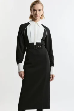 KarenMillen Robe maxi tissée en sergé à col<Femme Robes À Manches Longues|Robes