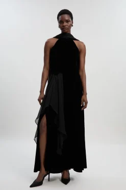 Robe Maxi Tissée en Velours à Devant Croisé