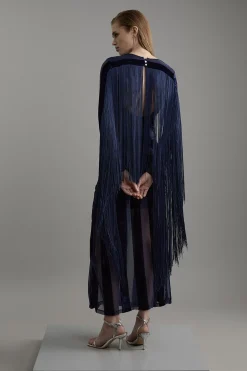 KarenMillen Robe maxi tissée en velours dévore à franges à manches longues<Femme Robes À Manches Longues|Robes