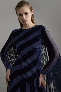 KarenMillen Robe maxi tissée en velours dévore à franges à manches longues<Femme Robes À Manches Longues|Robes