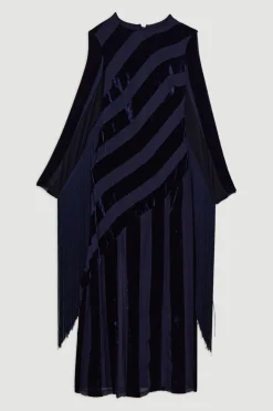 KarenMillen Robe maxi tissée en velours dévore à franges à manches longues<Femme Robes À Manches Longues|Robes