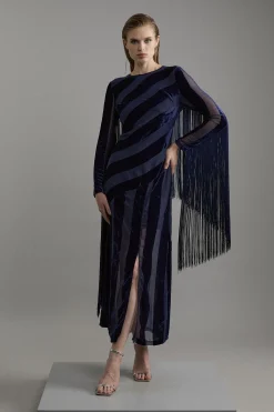 KarenMillen Robe maxi tissée en velours dévore à franges à manches longues<Femme Robes À Manches Longues|Robes