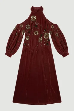 Robe Maxi Tissée en Velours à Épaules Dénudées avec Appliqués Floraux 3D