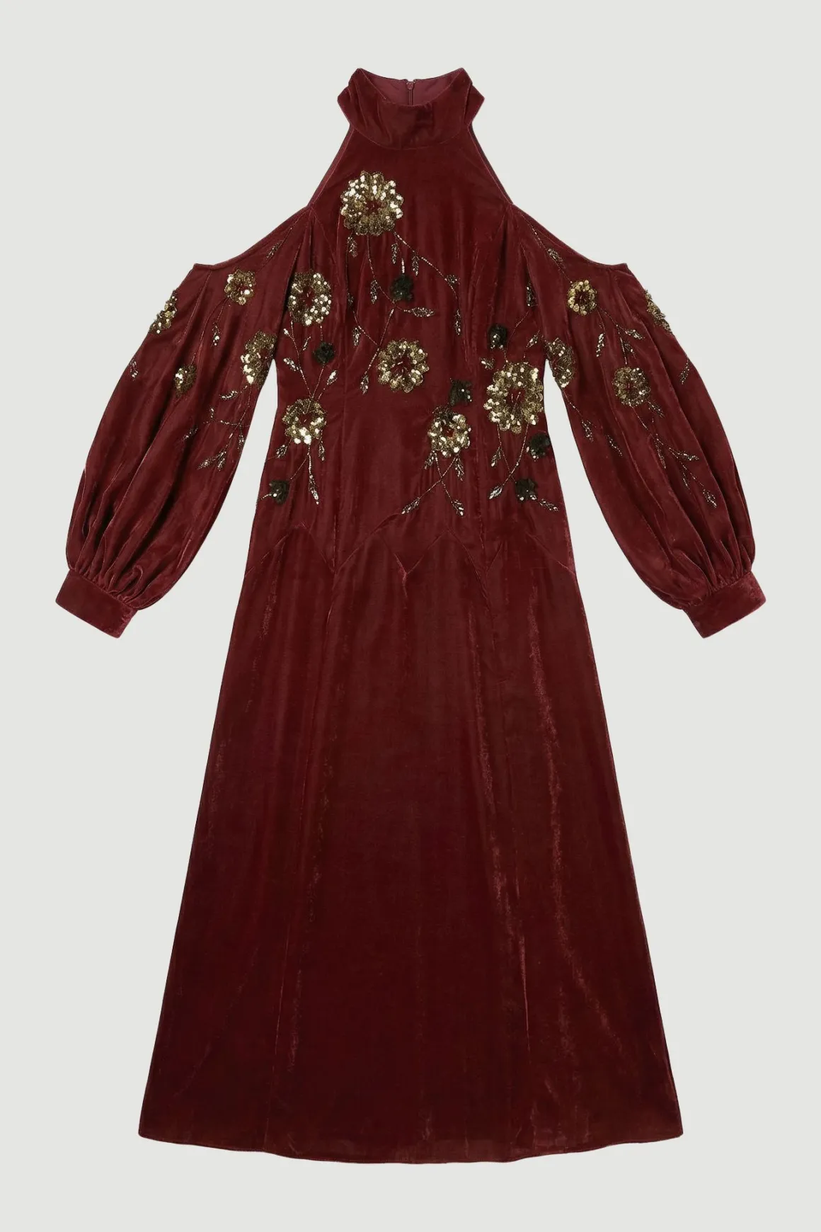 Robe Maxi Tissée en Velours à Épaules Dénudées avec Appliqués Floraux 3D