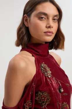 Robe Maxi Tissée en Velours à Épaules Dénudées avec Appliqués Floraux 3D