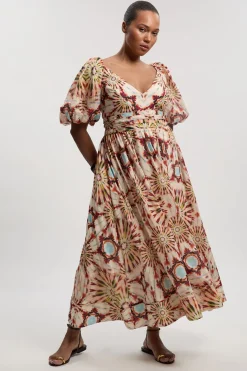 KarenMillen Robe Maxi Tissée Grande Taille À Manches Bouffantes En Soie-coton Imprimé Carreaux<Femme Robes|Robes Longues