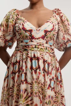 KarenMillen Robe Maxi Tissée Grande Taille À Manches Bouffantes En Soie-coton Imprimé Carreaux<Femme Robes|Robes Longues