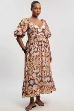 KarenMillen Robe Maxi Tissée Grande Taille À Manches Bouffantes En Soie-coton Imprimé Carreaux<Femme Robes|Robes Longues