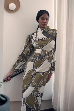 KarenMillen Robe Maxi Tissée À Imprimé Chaîne Avec Manches Ballon<Femme Robes À Manches Longues|Robes