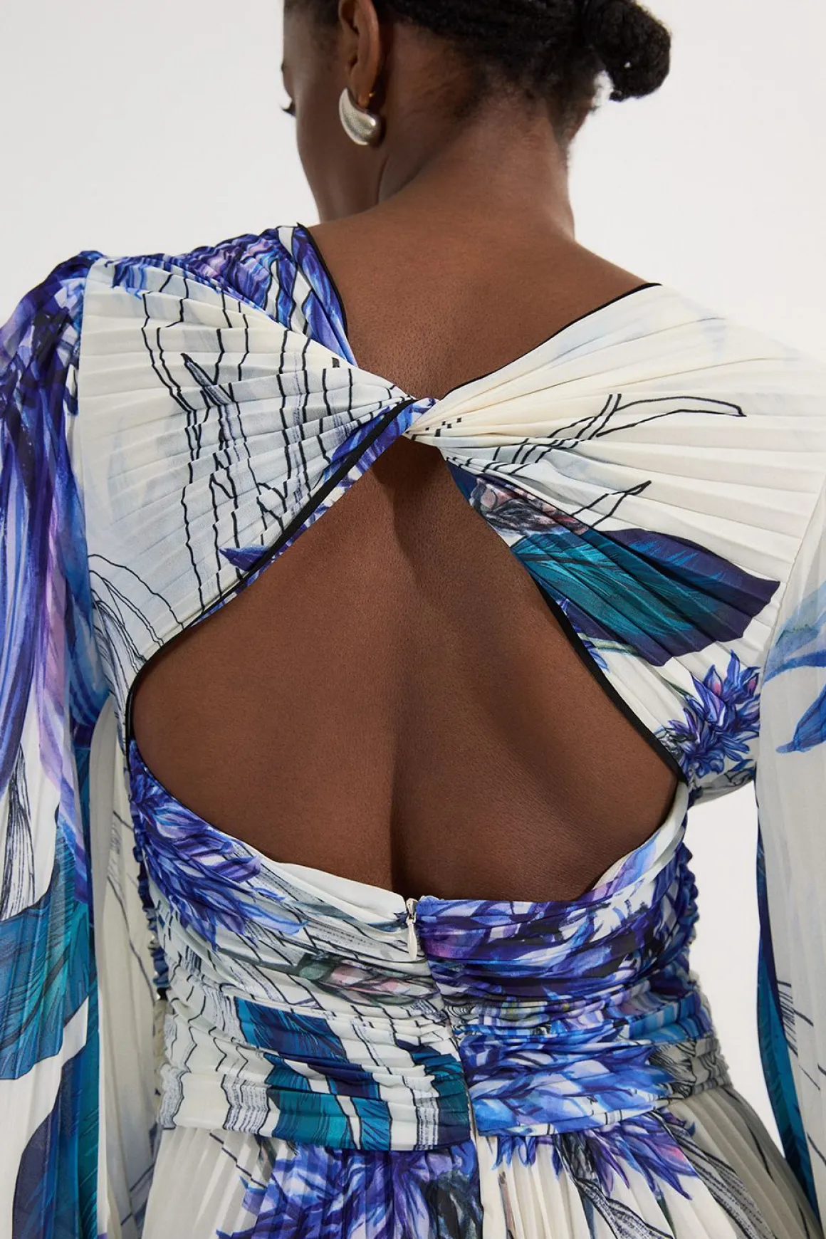 Robe maxi tissée à imprimé floral, manches ballon, plissée, froissée et découpée